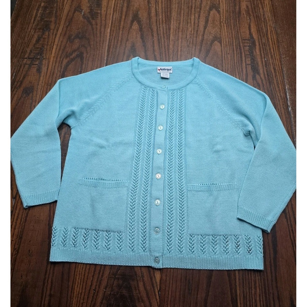90's National Light Blue Pointelle Knit Button Front Cardigan Sweater PXL